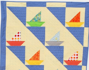 pdf baby quilt pattern...sailboat quilt...quick and easy...Sailing Sailing... charm pack, fat quarters, or scraps...modern quilt
