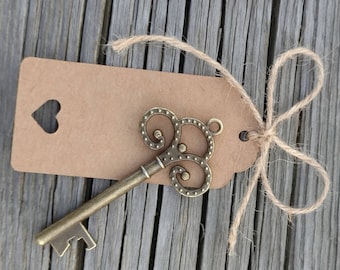 Antique Key Bottle Openers, Steampunk Rustic Vintage Wedding Favor, Skeleton Key Opener, Bulk Skeleton Key Favor, FREE Tags & Twine!!