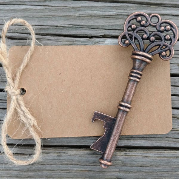 25+ Skeleton Key Bottle Openers, Wedding Favor, Rustic Steampunk Wedding Decor, Victorian Key, Bronze key bottle opener, FREE Twine & Tags!!