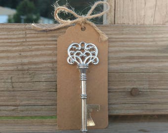 Silver Skeleton Key Bottle Openers, Rustic Wedding Favor, Antique Silver Key Opener, Bulk Skeleton Key Favor, FREE Twine & Tags!