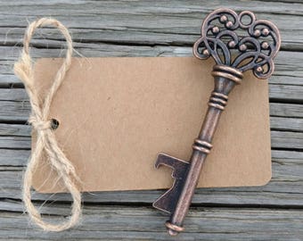 25+ Skeleton Key Bottle Openers, Wedding Favor, Rustic Steampunk Wedding Decor, Victorian Key, Bronze key bottle opener, FREE Twine & Tags!!