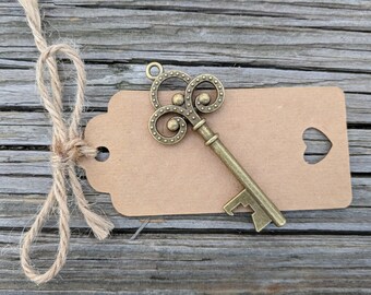 Copper Key Bottle Openers, Skeleton Key Opener, Steampunk Victorian Wedding Favor, Bulk copper key favor, FREE Twine & Tags