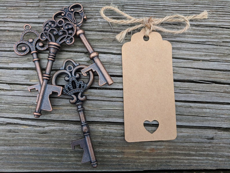 50 Assorted Key Bottle Openers, Bulk Skeleton Key Wedding Favors, FREE Tags & Twine image 6