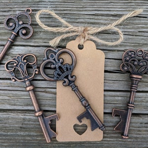 50 Assorted Key Bottle Openers, Bulk Skeleton Key Wedding Favors, FREE Tags & Twine image 4