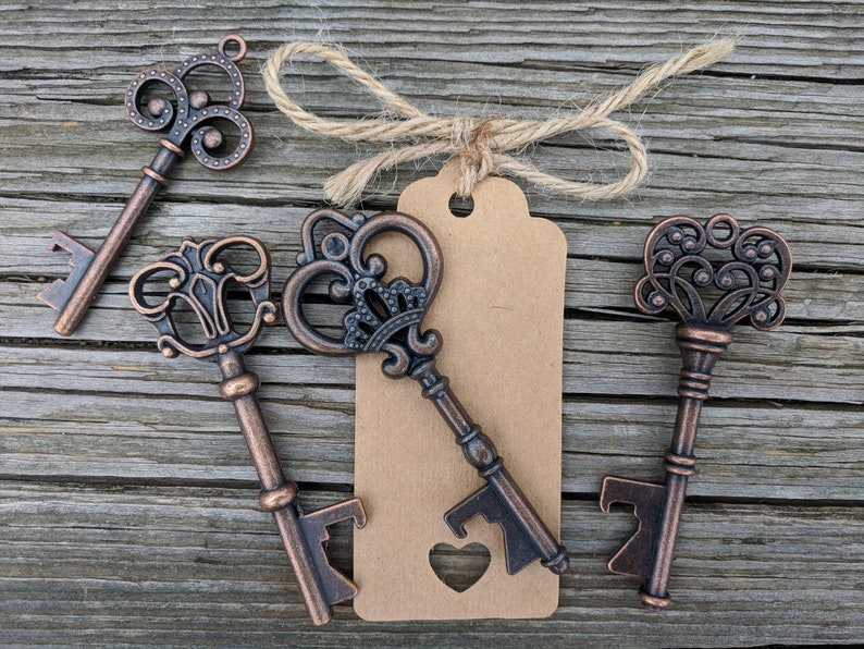 50 Assorted Key Bottle Openers, Bulk Skeleton Key Wedding Favors, FREE Tags & Twine image 4