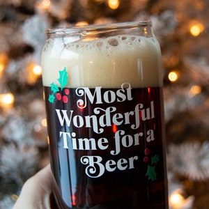 Most Wonderful Time for a Beer Can Shape Glass Christmas glassware, Christmas gifts, holiday glassware