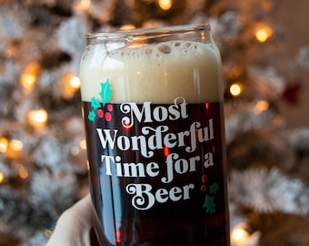 Most Wonderful Time for a Beer Can Shape Glass Christmas glassware, Christmas gifts, holiday glassware