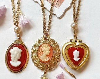 Vintage gold cameo necklace, 60s victorian cameo and pearl necklace, 24K gold plated dainty chain necklace (1.8x2mm), charm necklace.