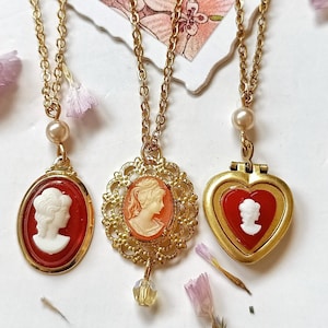 Vintage gold cameo necklace, 60s victorian cameo and pearl necklace, 24K gold plated dainty chain necklace (1.8x2mm), charm necklace.