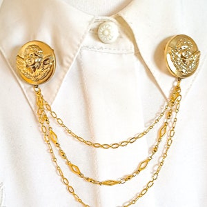 Angel Gold collar pins chain, vintage Victorian collar pin chain, wedding collar brooch with chain, statement men collar chain pin.