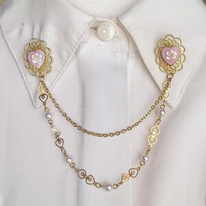 80s gold pink collar pin chain with pearl chain, flower collar pins chain with pearl, NEW OLD STOCK vintage chain collar pins, shirt brooch.