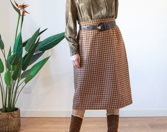 Vintage wool plaid skirt large, rust herringbone plaid midi skirt with slit, high waist straight, wiggle skirt, winter office skirt.