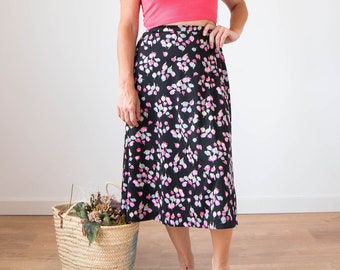 Vintage A line midi skirt, novelty print high waist skirt, black and pink floral knee length skirt,