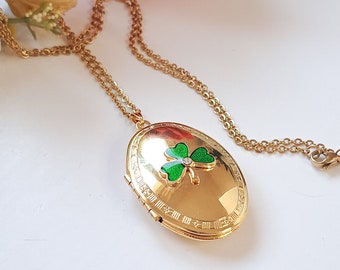 Vintage large locket necklace, clover locket necklace for photo, gold plated shamrock locket, st patricks day two photo locket necklace.