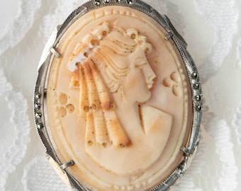 UNUSED silver shell cameo brooch pendant with marcasites 39.9mm x 31mm , 50s vintage sardonic hand carved cameo, old oval cameo brooch.