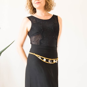 UNUSED 90s waist chain belt with charms, gold tone metal belt, waist chain belt.