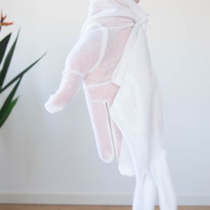 French Vintage white sheer gloves, UNUSED lace bridal gloves small, ivory satin gloves.
