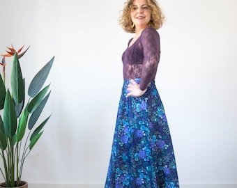 Blue vintage bohemian maxi skirt, 70s boho long skirt, fall floral A line parie maxi skirt.