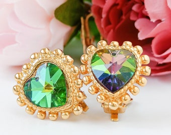 RESERVED Swarovski crystal heart Christmas earrings, vintage green heart clip on earrings, Swarovski heart earrings, big heart stud earrings