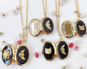 Gold half moon locket necklace, waining moon black shell mourning locket, cat locket necklace, Astrological gift, gold locket necklace.