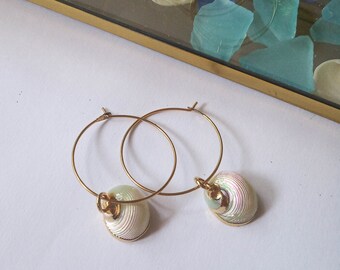Boho seashell earrings, dainty hoop earrings with charm, natural seashell earrings gold plate, shell earrings, thin gold hoop earrings.