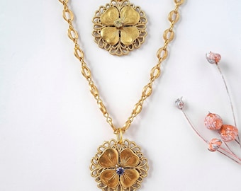 Boho four leaf clover necklace, vintage long boho necklace, Cottagecore raw brass 4 leaf clover chain necklace, brass statement necklace.