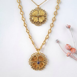 Boho four leaf clover necklace, vintage long boho necklace, Cottagecore raw brass 4 leaf clover chain necklace, brass statement necklace.