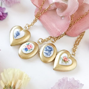 Collar con medallón de corazón pequeño, collar de corazón de porcelana, collar con medallón de corazón de oro, collar con medallón de oro pequeño para foto, collar con medallón de rosa. imagen 6