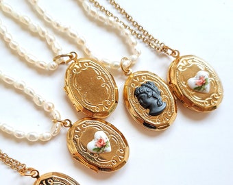 Pearl Vintage locket necklace for foto, New Old Stock Seed real pearl necklace with Victorian locket, 3 patterns gold oval photo locket.