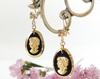 Vintage Victorian cameo earrings, UNUSED 60s black & gold glass cameo earrings, Regency bow dangle earrings, German drop cameo ear