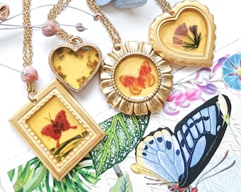 Vintage gold heart necklace, large heart necklace, cottagecore long boho necklace, natural flowers in heart necklace, butterfly necklace.