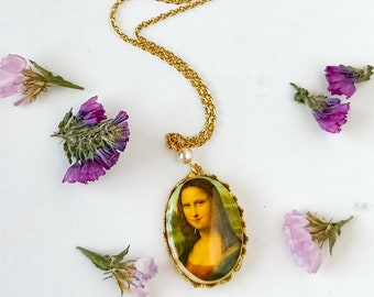 Colar vintage com pintura renascentista da Mona Lisa, colar cabochão com pintura de Da Vinci La Gioconda, presente para amantes da arte, colar de arte clássica.