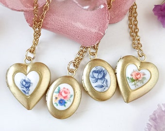 Tiny heart locket necklace, porcelain heart necklace, gold heart locket necklace, small gold locket necklace for foto, rose locket necklace.