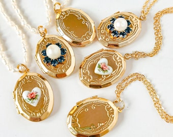 Collier médaillon vintage en or, collier médaillon de perles, collier médaillon de fleurs, N.O.S. Médaillon ovale en plaqué or, petit médaillon pour 2 photos