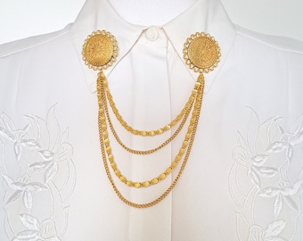 Art Deco vintage collar pins chain, wedding gold collar pin chain, statement collar brooch with chain, men collar chain pin.