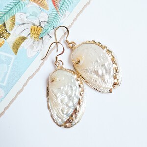 Può includere: Un paio di orecchini dorati con accenti di conchiglia di abalone bianca iridescente. Gli orecchini hanno un design semplice ed elegante.