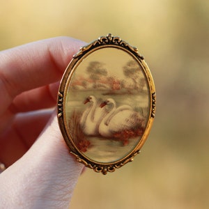 Vintage glass cameo swan brooch, swimming swans couple painting print brooch, Nature picture brooch, pictorial birds landscape brooch.