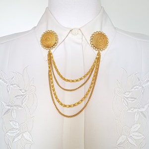 Art Deco vintage collar pins chain, wedding gold collar pin chain, statement collar brooch with chain, men collar chain pin.