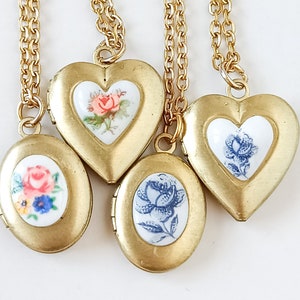 Collar con medallón de corazón pequeño, collar de corazón de porcelana, collar con medallón de corazón de oro, collar con medallón de oro pequeño para foto, collar con medallón de rosa. imagen 4