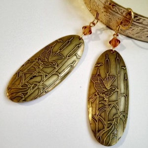 Dangle boho Japanese bird earrings, vintage bohemian brass bird earrings with Swarovski crystal, old brass drop earrings.