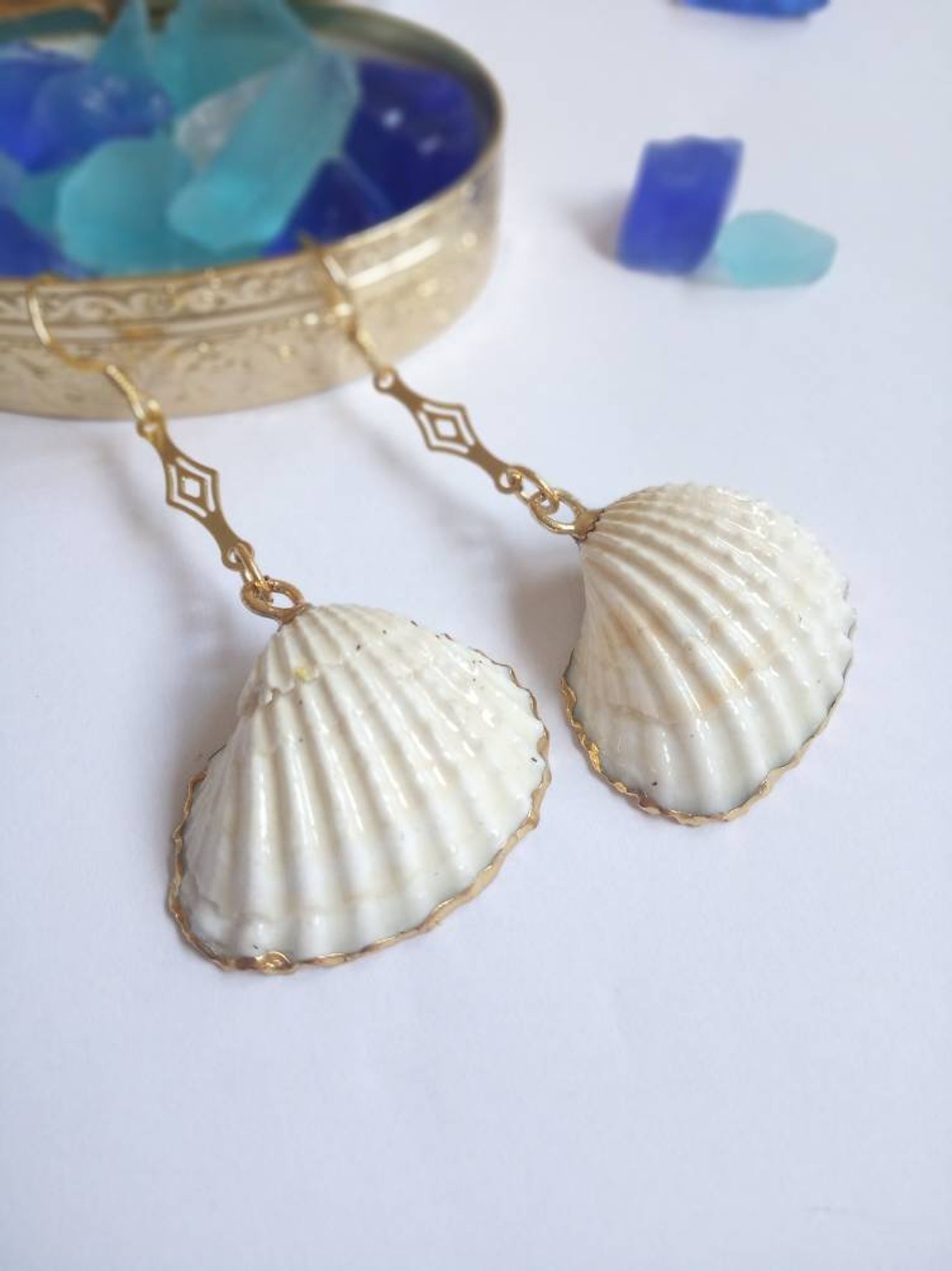 Natural & gold seashell earrings dangle sea shell earrings Etsy