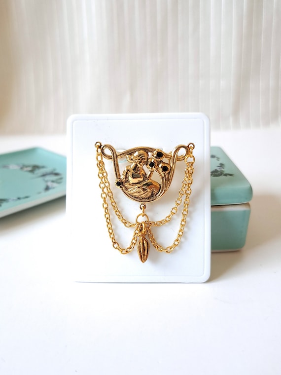 Gold Vintage victorian brooch with chain, Steampunk brooch, collar chain pin, gold flower brooch, New Old Stock Vintage Edwardian brooch.