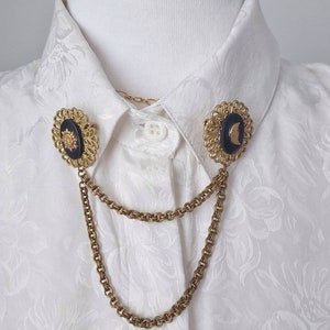 Vintage Victorian collar pins chain, bronze gold black collar pins, cat, moon & sun colar pin chain, Steampunk collar pins, cloak brooch. image 2