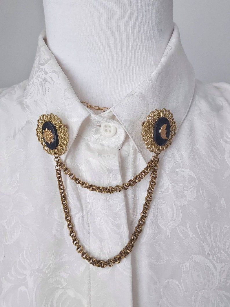 Vintage Victorian collar pins chain, bronze gold black collar pins, cat, moon & sun colar pin chain, Steampunk collar pins, cloak brooch. image 2