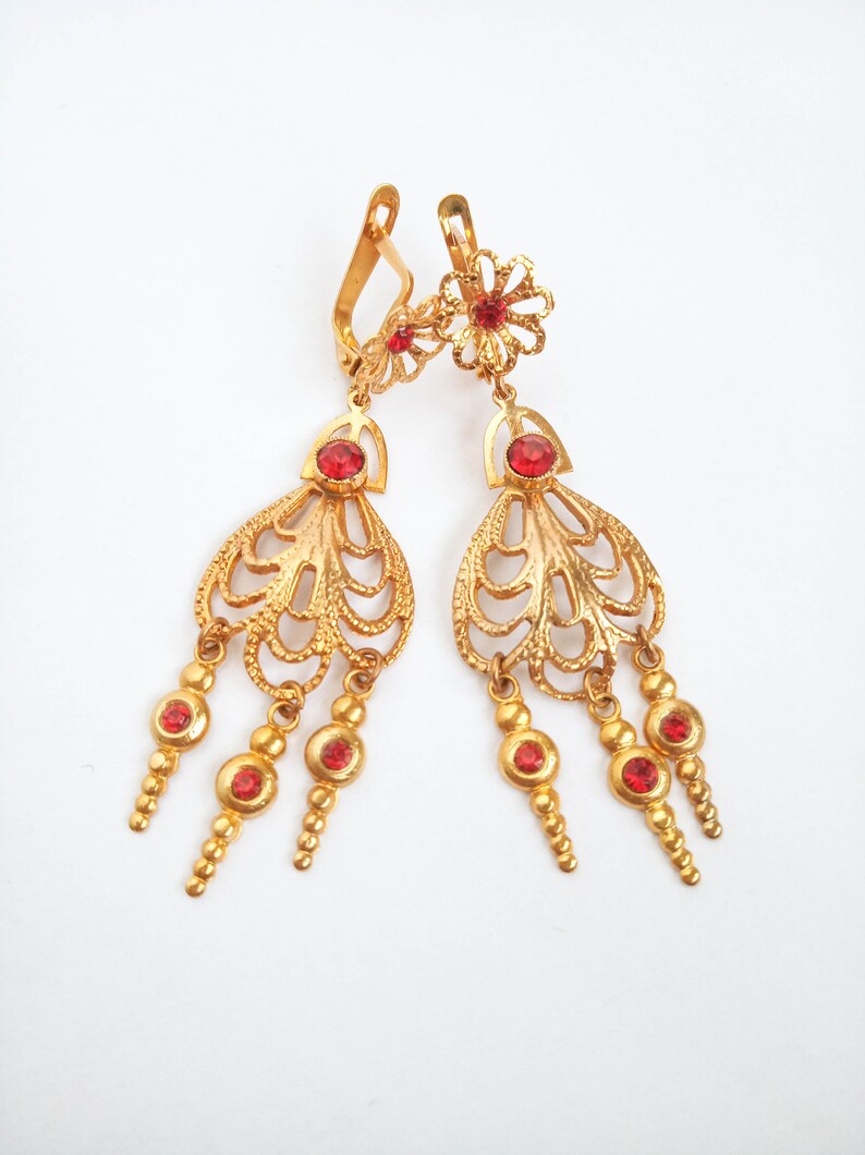 gold green bohemian earrings Spanish Goya antique style earrings, Unworn vintage filigree chandelier earrings dangle boho earrings