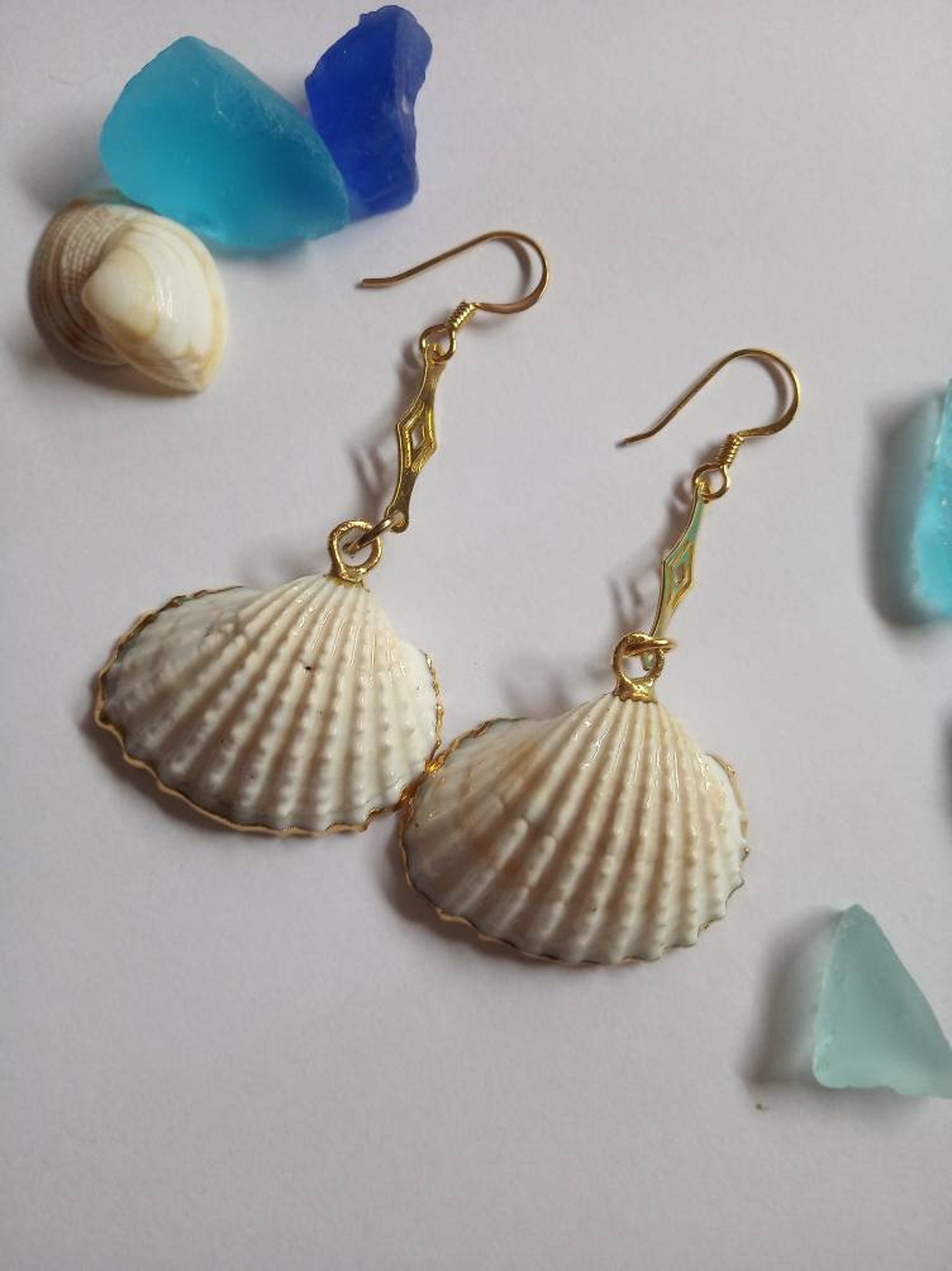 Natural & gold seashell earrings dangle sea shell earrings Etsy