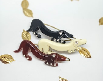 UNUSED vintage baquelite hair slides, Daschund french barrette, rhinestone decorative bobby pins, resin dog hair barrette.