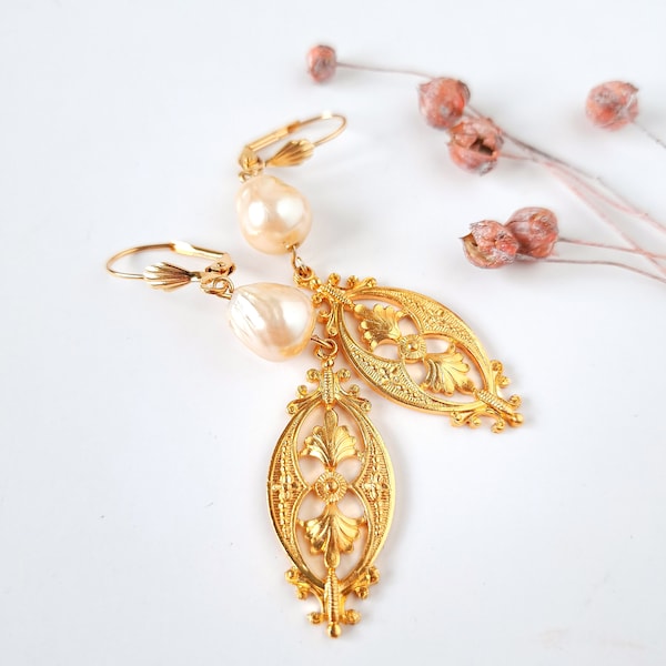 Limited Art Nouveau dangle earrings, long pearl bridal earrings, gold pearl drop earrings, baroque pearl gold earrings, 1920s style earrings
