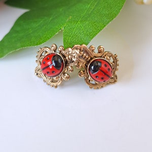 UNUSED 60s ladybug stud earrings, ladybird earrings, red polka dot Vintage button earrings, filigree studs, lucky ladybug insect earrings.