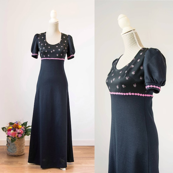 Black edwardian prairie dress, long 70s edwardian